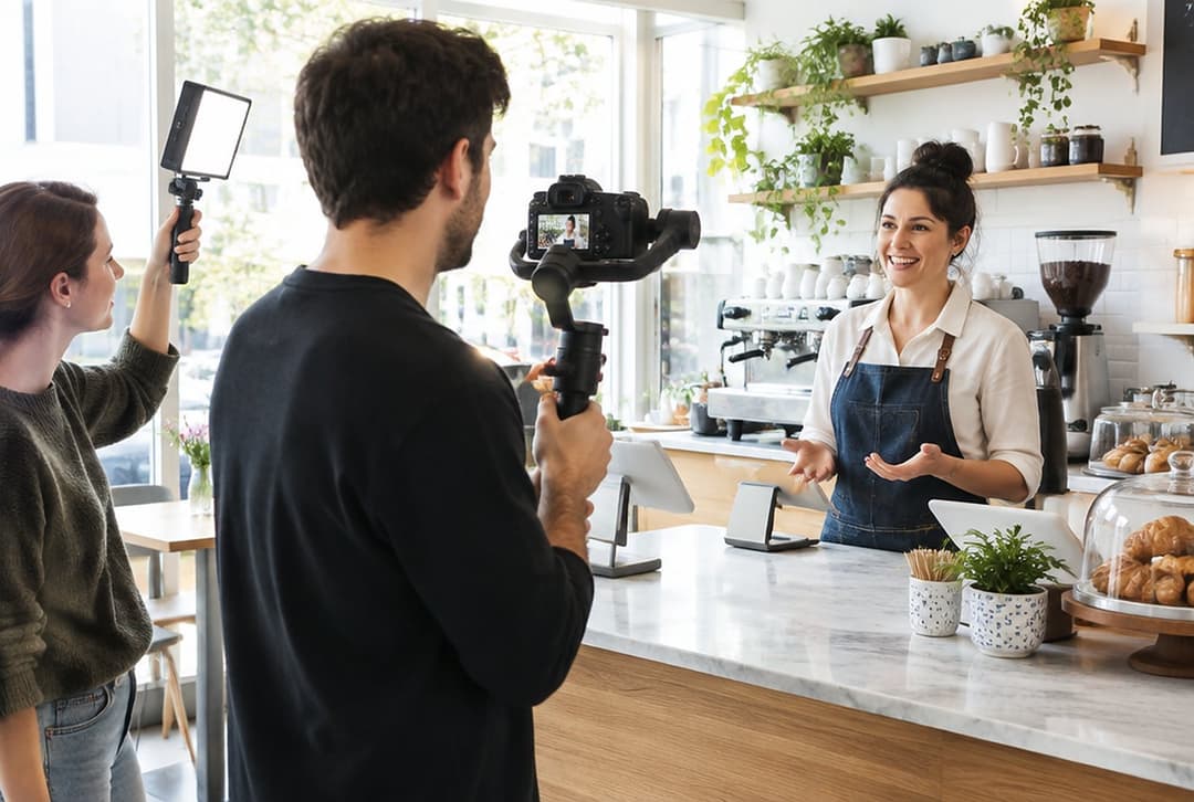 A video crew filming a cafe owner as she talks to the camera behind her counter